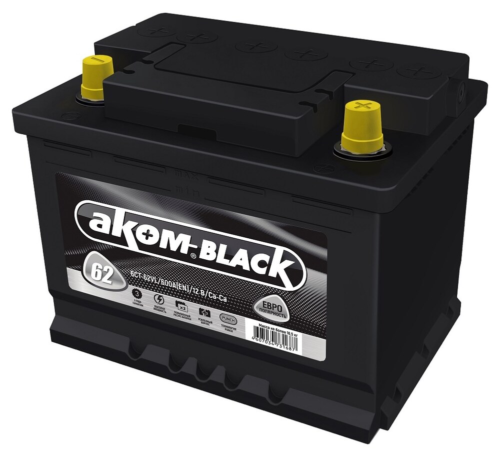 АКОМ Black 6СТ-62.0 LA Black 62 А·ч 600 А (EN), обратная полярность, корпус L2, 242×175×190 мм