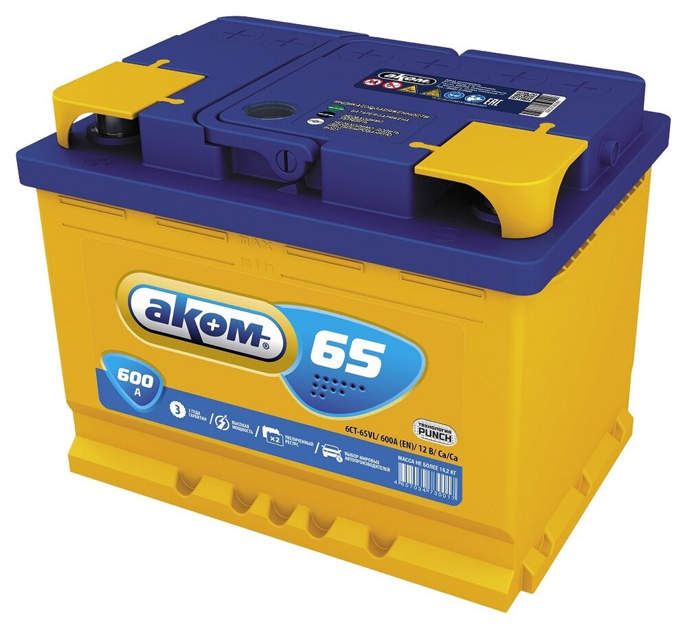 АКОМ Standart 6CT-65.1 LA 65 А/ч 600 А (EN), прямая полярность, корпус L2, 242×175×190 мм
