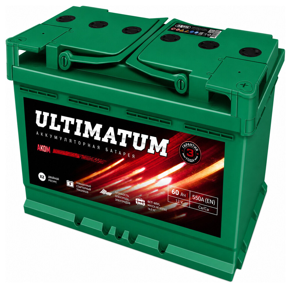 АКОМ Ultimatum 6СТ-60.0 60 А/ч 550 А, обратная полярность, корпус L2, 242×175×190 мм