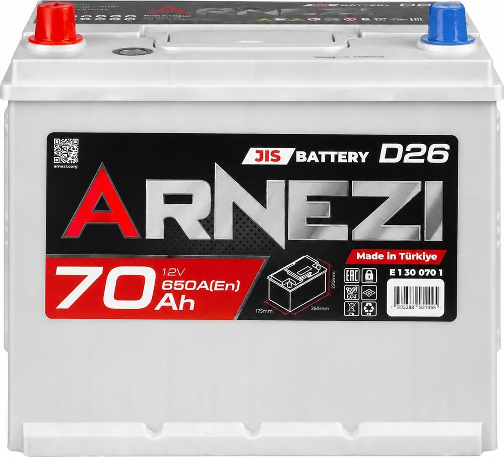 Arnezi JIS SMF E1300701 70 А/ч 650 А (EN), прямая полярность, 260×170×225 мм, D26