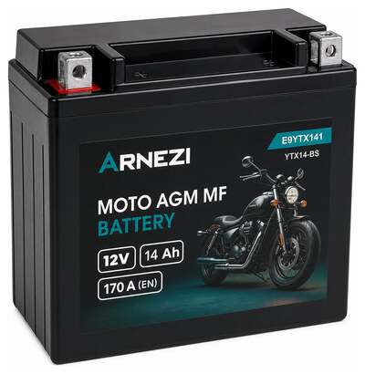 Arnezi Moto AGM E9YTX141 14 А/ч 170 А (EN), прямая полярность, 150×86×146 мм, YTX14-BS