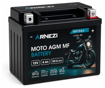 Arnezi Moto AGM E9YTX4L0 4 А/ч 50 А (EN), обратная полярность, 114×71×85 мм, YTX4L-BS