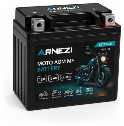 Arnezi Moto AGM E9YTX5L0 5 А/ч 60 А (EN), обратная полярность, 113×70×109 мм, YTX5L-BS