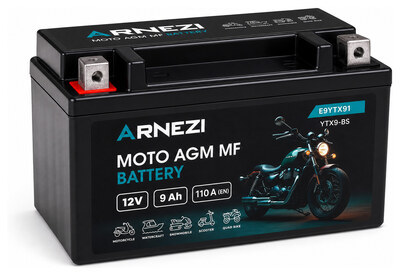 Arnezi Moto AGM E9YTX91 9 А/ч 110 А (EN), прямая полярность, 150×87×108 мм, YTX9-BS
