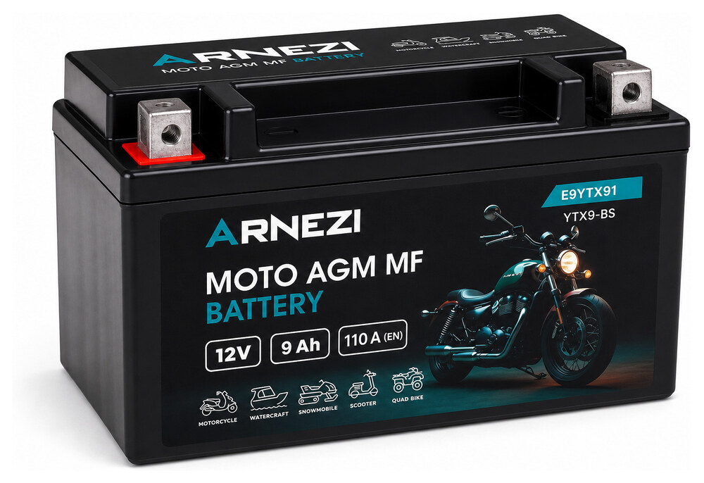 Arnezi Moto AGM E9YTX91 9 А/ч 110 А (EN), прямая полярность, 150×87×108 мм, YTX9-BS