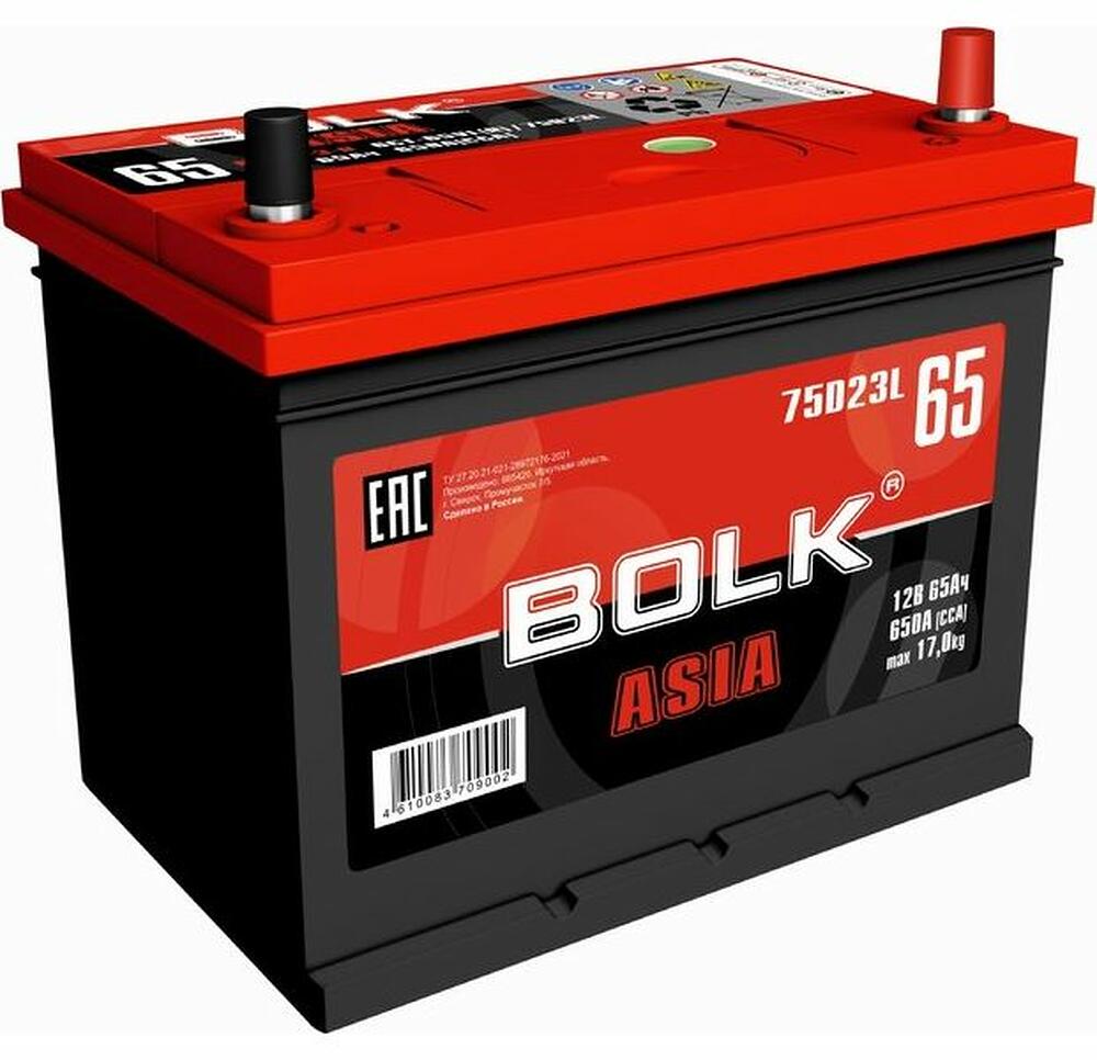 Bolk ASIA BA 65-3-R 65 А/ч 650 А (EN), обратная полярность, 232×175×225 мм, D23