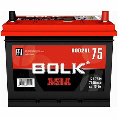 Bolk EFB ASIA BEFBA 75-3-R 75 А/ч 730 А (EN), обратная полярность, корпус D26, 260×175×225 мм