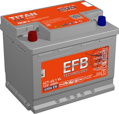 Titan EFB 6СТ-60.1 VL 60 А·ч 600 А (EN), прямая полярность, 242×175×190 мм