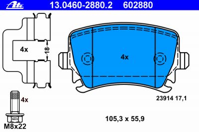 ATE 13.0460-2880.2 Колодки задние AD A3 A6 VW G4 G5 B5 B6 Tiguan (1K0698451)