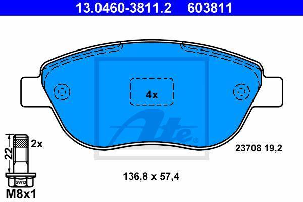 ATE 13.0460-3811.2 Колодки торм.пер. Citroen C3, Berlingo, Fiat Doblo 99>