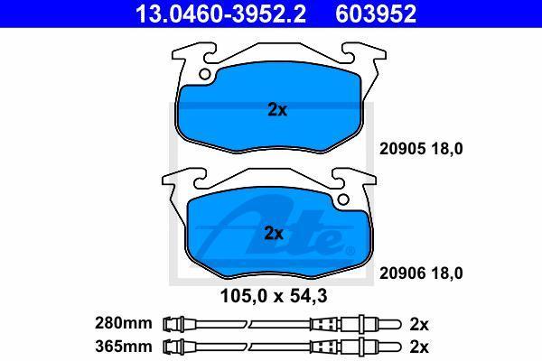 ATE 13.0460-3952.2 комплект тормозных колодок, дисковый тормоз на PEUGEOT 306 (7B, N3, N5)