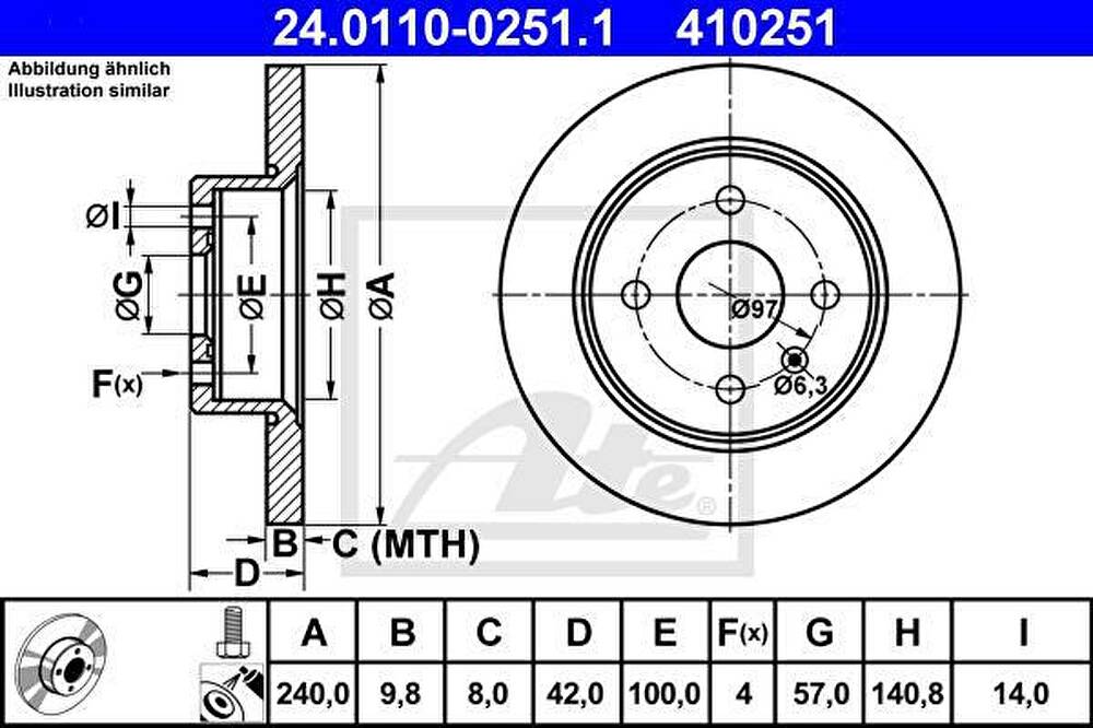 ATE 24.0110-0251.1 Диск торм. зад. Opel Astra G, H, Meriva