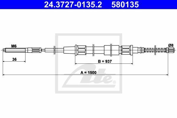 ATE 24.3727-0135.2 Трос ручного тормоза L=R VW Golf III/Vento 1,4...1,8L,1,9TD all ->99/DRUMS (1H0609721)