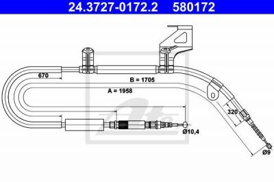 ATE 24.3727-0172.2 Трос руч.тормоза прав.AUDI A6 97=> L=1958мм