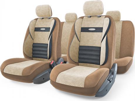 Авточехлы COMFORT COMBO, мультиконтурные, поддержка спины + поддержка плеч + поясничный упор. форм. велюр, 11 предм., карман, 6 молний, т.беж./св.бежевый, разм. М, ,, 1/5