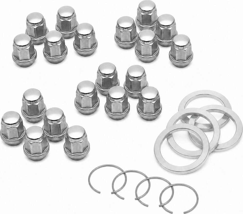 Полный комплект крепежа BBS 0931123: 20 закрытых гаек M12x1,5, 4 кольца 82/60 мм и 4 стопора