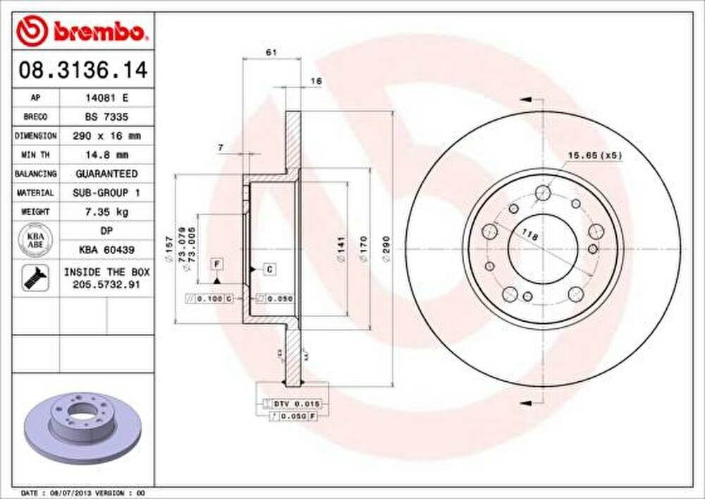 Brembo 08.3136.14 тормозной диск на FIAT DUCATO c бортовой платформой/ходовая часть (290)