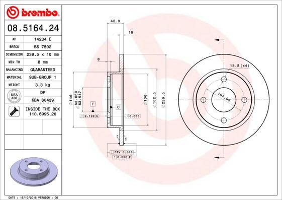 Brembo 08.5164.24 тормозной диск на FORD FIESTA фургон (FVD)