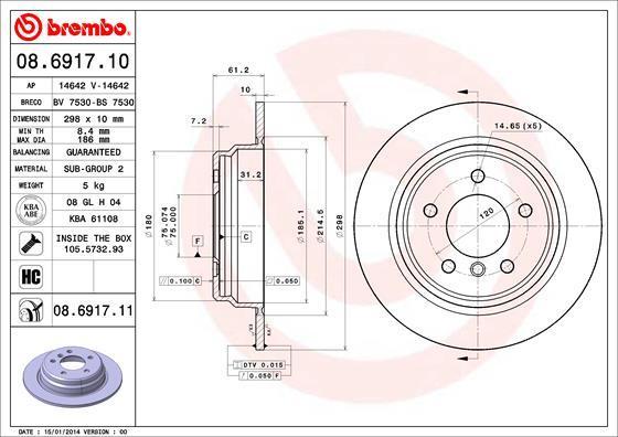 BREMBO Диск тормозной 5 E39 520-525 95-03 задний D=298мм. (заменен на 08.6917.11) (562062, 08.6917.10)
