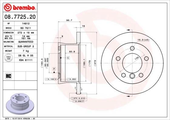 BREMBO Диск тормозной MERCEDES W463 79-/SPRINTER 95-06/VW LT 96-06 задний (08.7725.20, 08.7725.20)