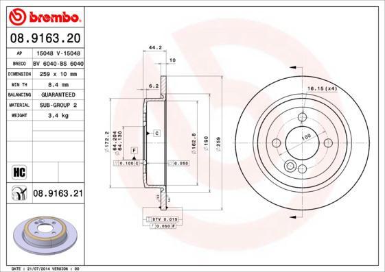 BREMBO Диск тормозной MINI: MINI 1.4/Cooper/Cooper S/John Cooper Works/One/One D/Works 01-06, MINI Cooper/Cooper D/Cooper S/Cooper SD/One/One D 06-, MINI CLUBMAN Cooper/Coo (08.9163.20)