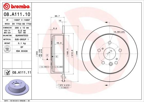 Brembo 08.A111.11 тормозной диск на LEXUS RX (MHU3_, GSU3_, MCU3_)