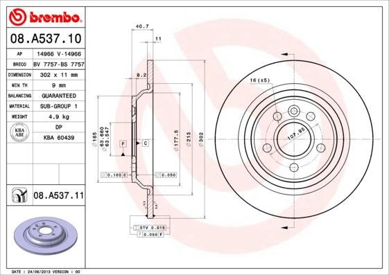 BREMBO Диск тормозной не вент. задний VOLVO XC70 II (08/07-) R крашенные (вместо 08.A537.10) (30769059, 08.A537.11)