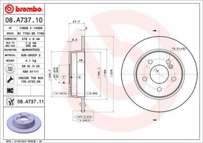 BREMBO Диск тормозной MERCEDES W204 180-200 07- задний крашенные (вместо 08.A737.10) (2044230512, 08.A737.11)