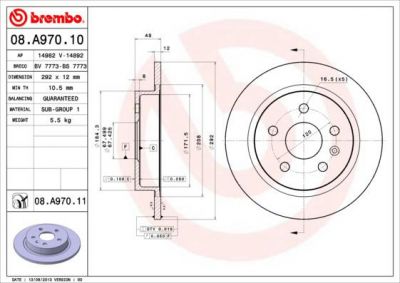 BREMBO Диск тормозной не вент. задний OPEL INSIGNIA (07/08-) R (13502198, 08.A970.10)