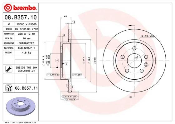 BREMBO Диск тормозной Chevrolet CRUZE (J300) 1.6 (08.B357.10)