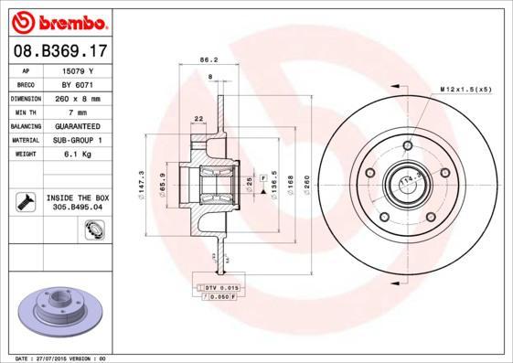 Brembo 08.B369.17 тормозной диск на RENAULT MEGANE III Наклонная задняя часть (BZ0_)