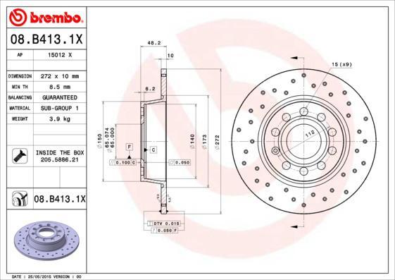 Brembo 08.B413.1X тормозной диск на SKODA SUPERB (3T4)