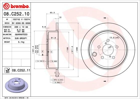 Brembo 08.C252.11 тормозной диск на SUBARU FORESTER (SH)