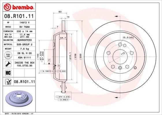 BREMBO Диск тормозной MERCEDES ML W164/R W251 280-350 05- задний не вент. D=330мм. (08.R101.11, 08.R101.11)