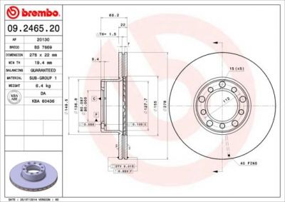 Brembo 09.2465.20 тормозной диск на MERCEDES-BENZ S-CLASS (W126)