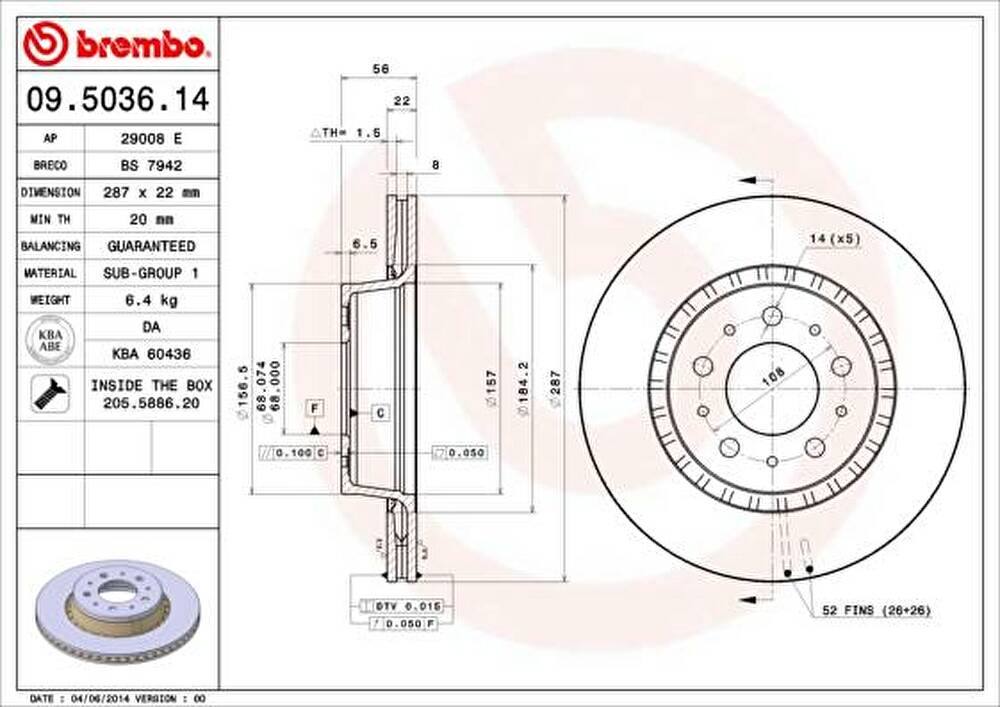 BREMBO Торм.диск пер.вент.[287x22] 5 отв.[min2] VOLVO 740-780 2,0T-2,8 87-91 F (09.5036.14)