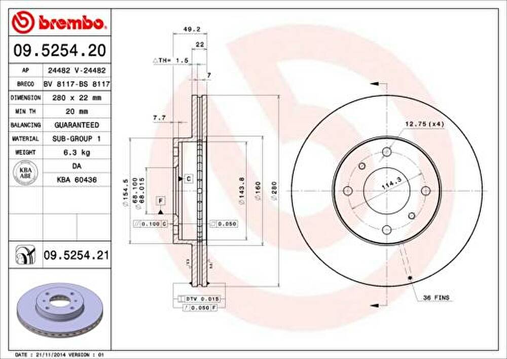 Brembo 09.5254.21 тормозной диск на NISSAN PRIMERA Traveller (WP11)
