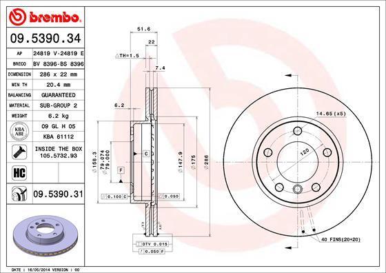 BREMBO Диск тормозной E36 318-328 90-98/E46 316-323 98-05 передний D=286мм. (заменен на 09.5390.31) (561551, 09.5390.34)