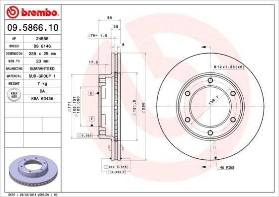 BREMBO Диск тормозной вент. передний TOYOTA LAND CRUISER 80 (_J8_) (01/90-02/98) F (43512-60050, 09.5866.10)