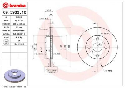 BREMBO Диск тормозной вент. передний TOYOTA CARINA II Station Wagon (_T17_) (12/87-04/92) F (4351220260, 09.5933.10)