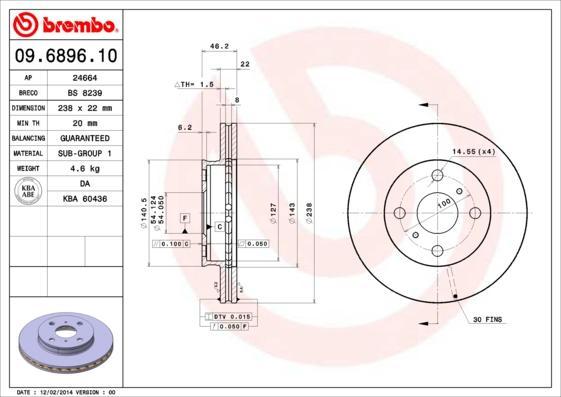 Brembo 09.6896.10 тормозной диск на TOYOTA CELICA Наклонная задняя часть (ST16_, AT16_)