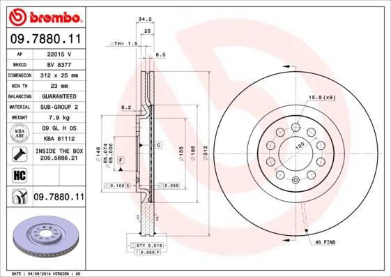 BREMBO Диск тормозной передн, AUDI: A3 96-03, JETTA IV 98-05, JETTA IV универсал 99-05, NEW BEETLE 98-, POLO 01- (09.7880.1X)