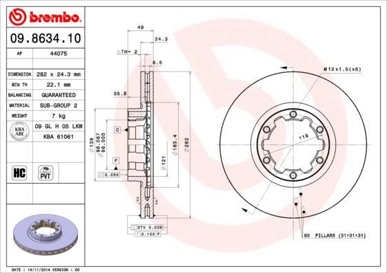 Brembo 09.8634.10 тормозной диск на NISSAN ATLEON