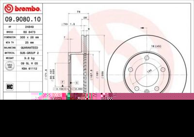 BREMBO Диск торм.пер.вент. OPEL Movano/RENAULT Master 98-> 4403038 (562190, 09.9080.10)