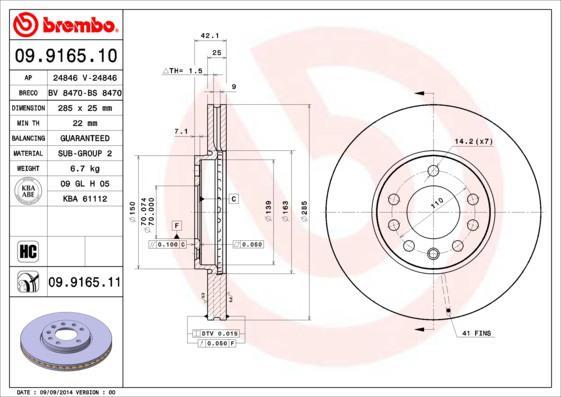Brembo 09.9165.10 Диск тормозной OPEL SIGNUM 03-/VECTRA 02-/SAAB 9-3 02- передний вент.