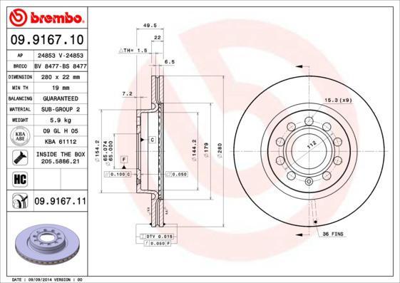 BREMBO Диск тормозной AUDI A3 03-/SKODA OCTAVIA/VW GOLF V/VI/JETTA III передний D=280мм крашенные (вместо 09.9167.10) (1K0615301AC, 09.9167.11)