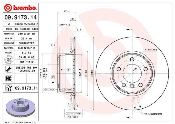 BREMBO Диск тормозной E60/E61 520-525 03- передний D=310мм. крашенные (вместо 09.9173.14) (34116764021, 09.9173.11)