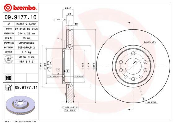 Brembo 09.9177.11 тормозной диск на SAAB 9-3 (YS3F)