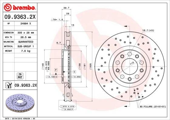 Brembo 09.9363.2X тормозной диск на ALFA ROMEO 159 (939)