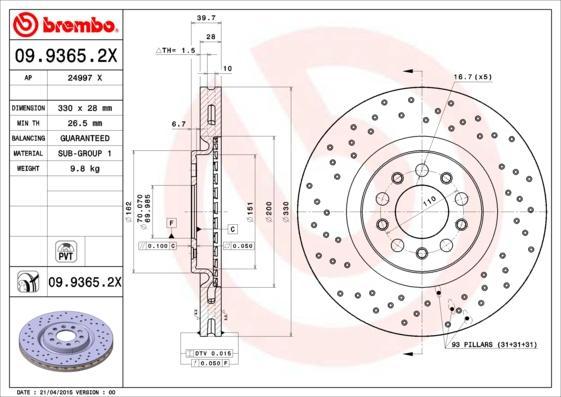 Brembo 09.9365.2X тормозной диск на ALFA ROMEO 159 (939)